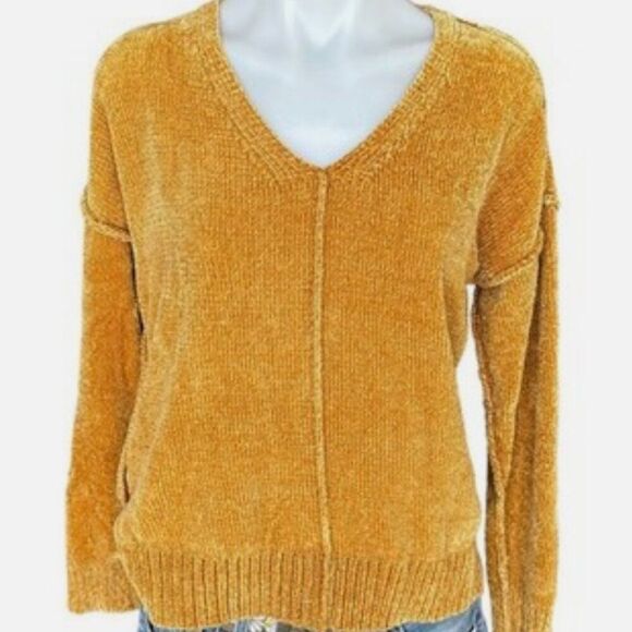 Rachel Zoe Mustard Yellow V-Neck Sweater | Size M | 100% Polyester - Picture 2 of 3